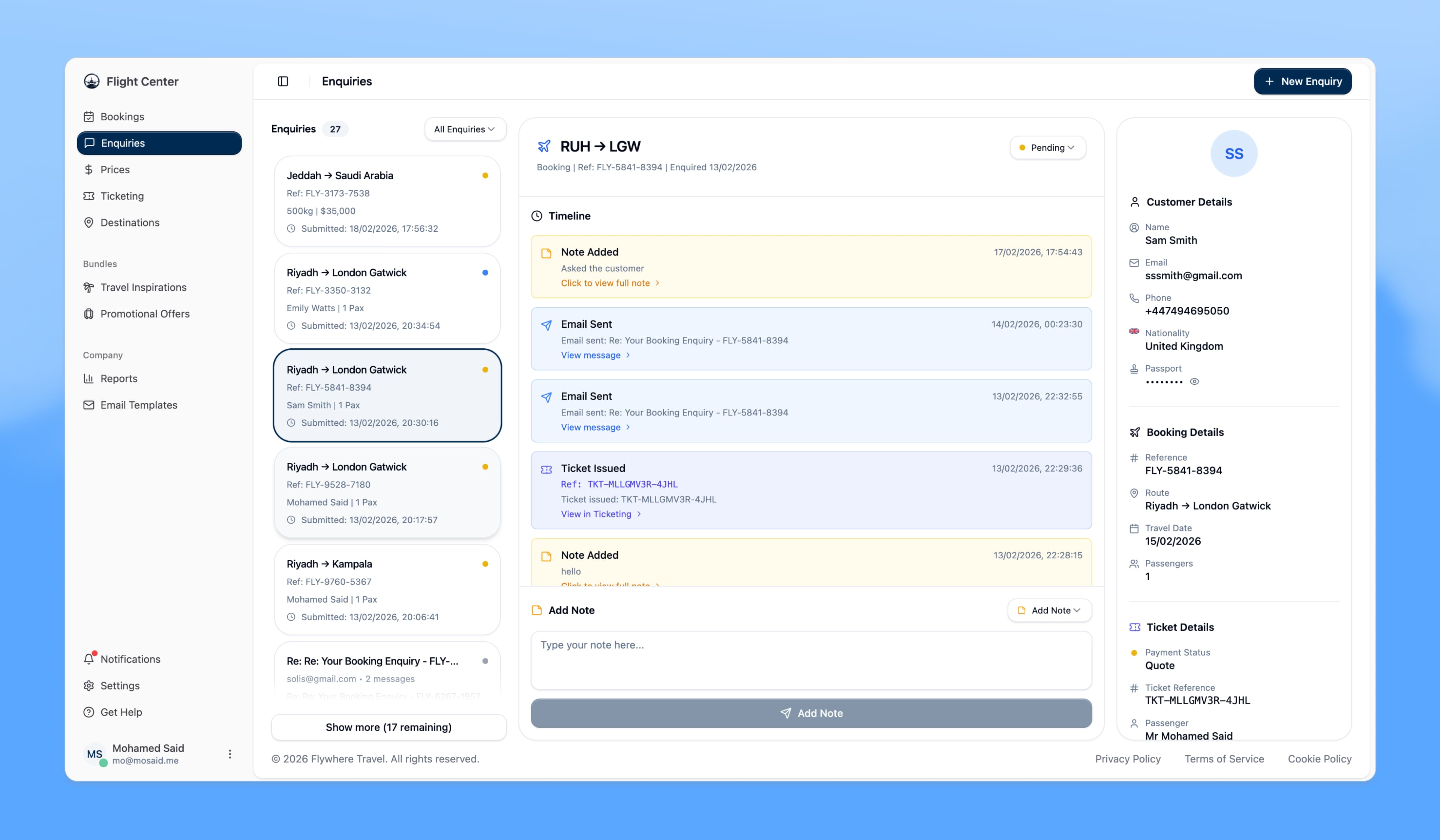 Flywhere Enquiries Inbox
